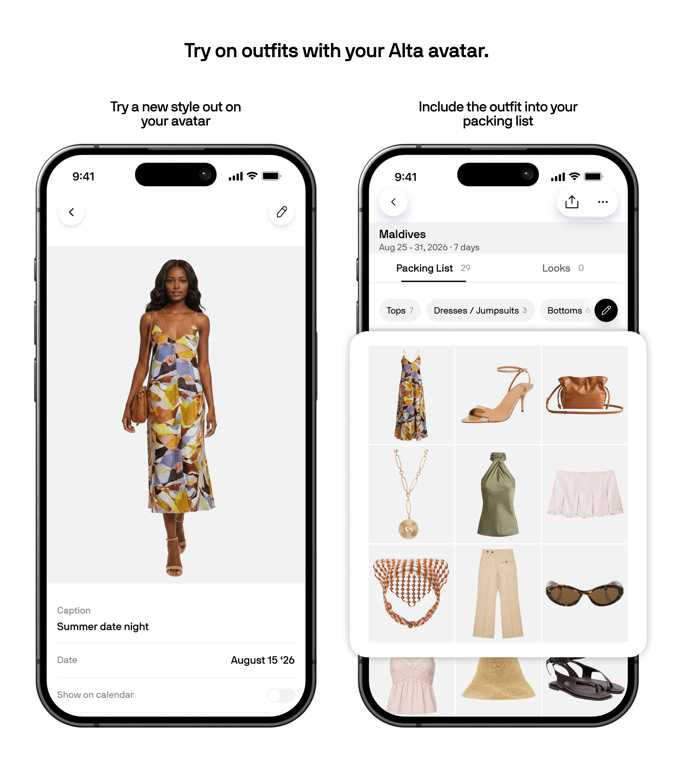 Previewing vacation outfits on an Alta avatar