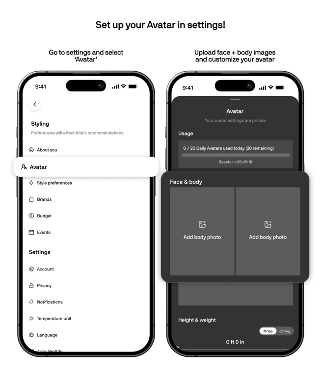 Avatar setup screen in the Alta profile tab