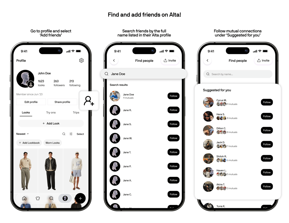 Following and suggested friends in the Alta profile tab
