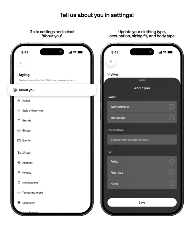About you settings section