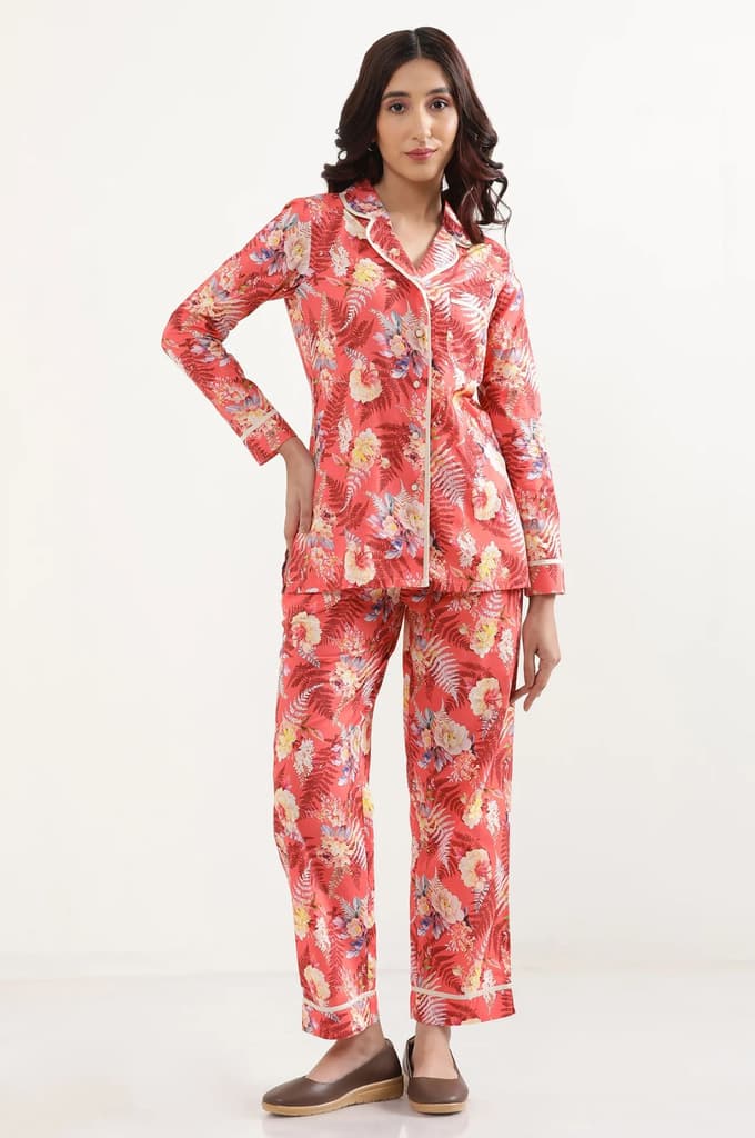 Red Floral Printed Wide Leg Cotton Palazzo With Elasticated Waist — photo 2