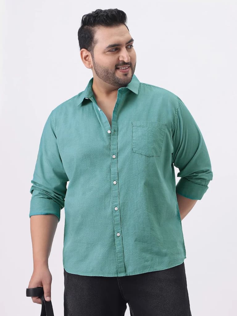 Plus Men's Light Teal Cotton Full Sleeve Regular Fit Casual Solid Slub Shirt with Spread Collar — XXL / Light Teal