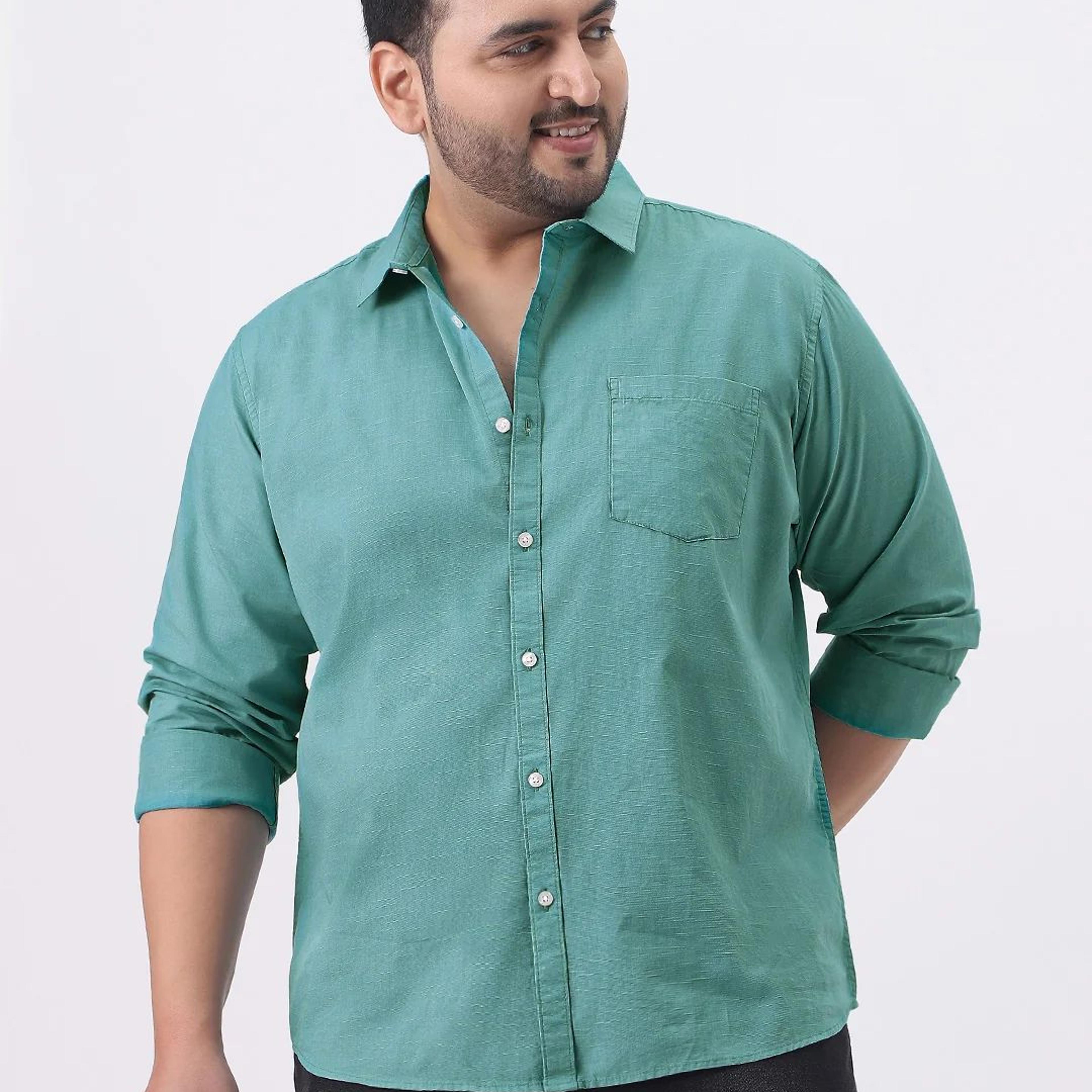 Plus Men's Light Teal Cotton Full Sleeve Regular Fit Casual Solid Slub Shirt with Spread Collar