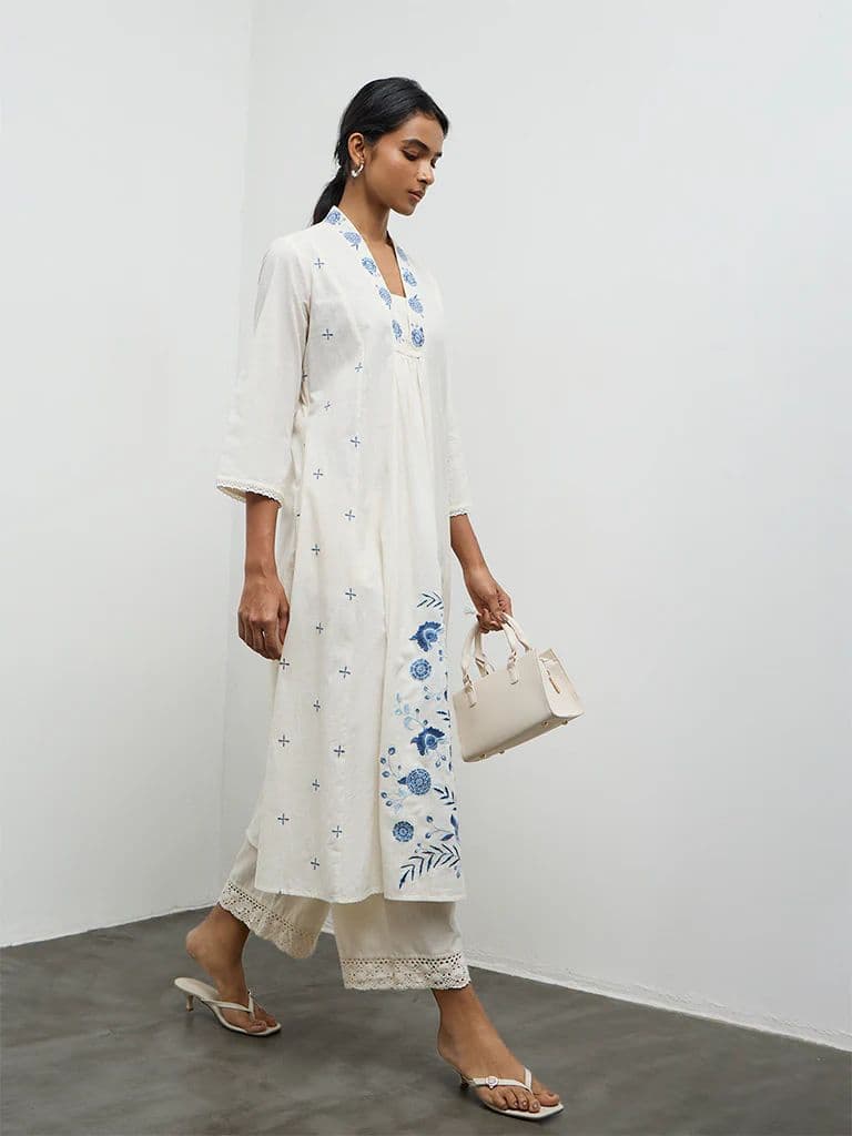 Utsa White Floral Embroidered A-Line Cotton Kurta — photo 2