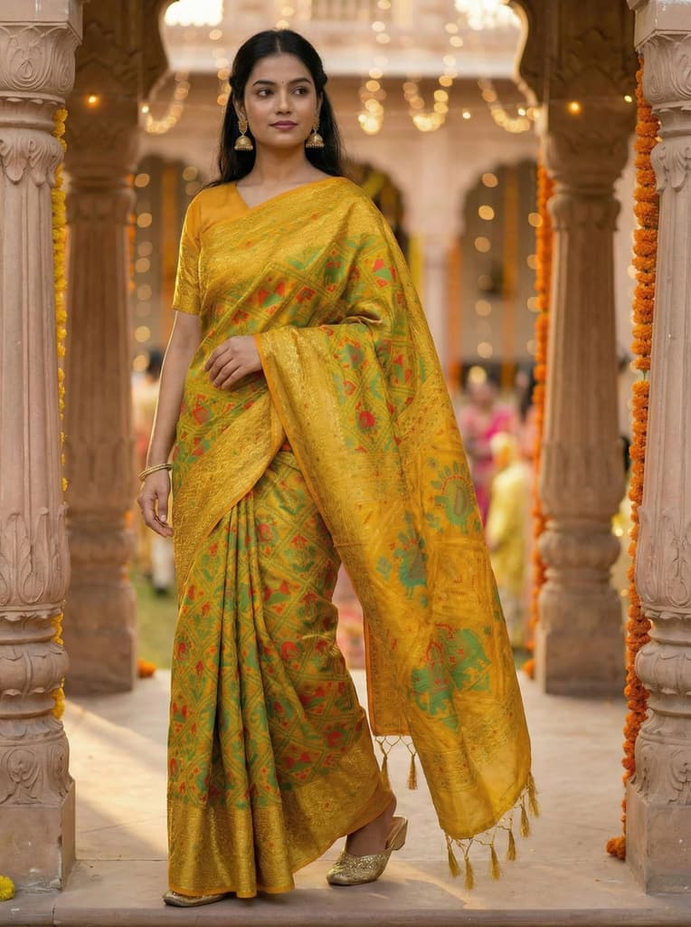 MIMOSA Women's Woven Design Paithani Style Raw Silk Saree with Blouse Piece - Gold ( SA00003128GDFREE ) — photo 2