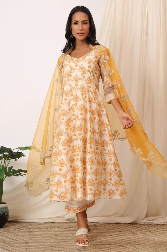 Cream and Yellow Printed Chanderi Anarkali Kurta, Pants and Dupatta Set — photo 2
