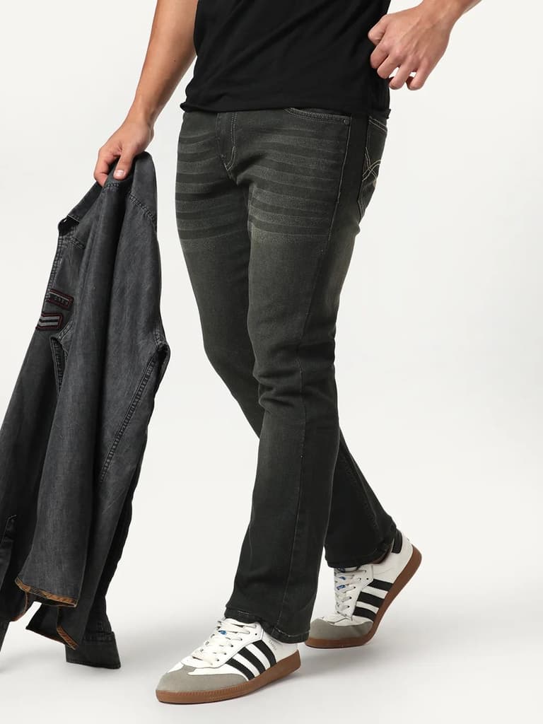 Men's Dark Grey Bootcut Fit Mid Rise Heavy Washed Jeans Stretchable — photo 2