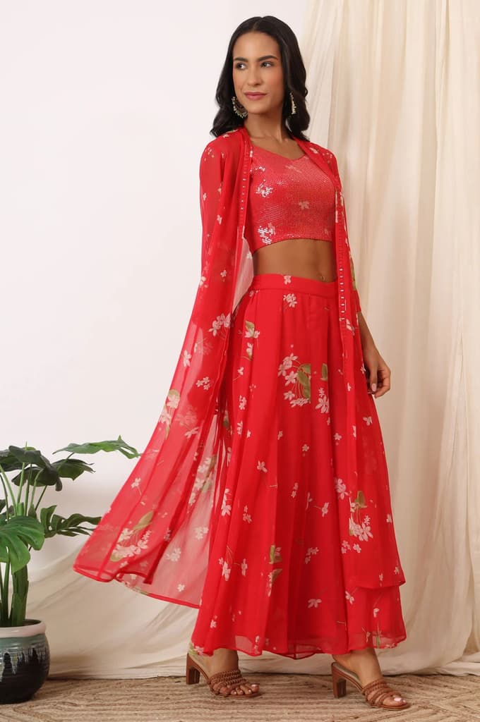 Red Floral Printed Chiffon Jacket, Crop Top and Culottes Set — photo 6