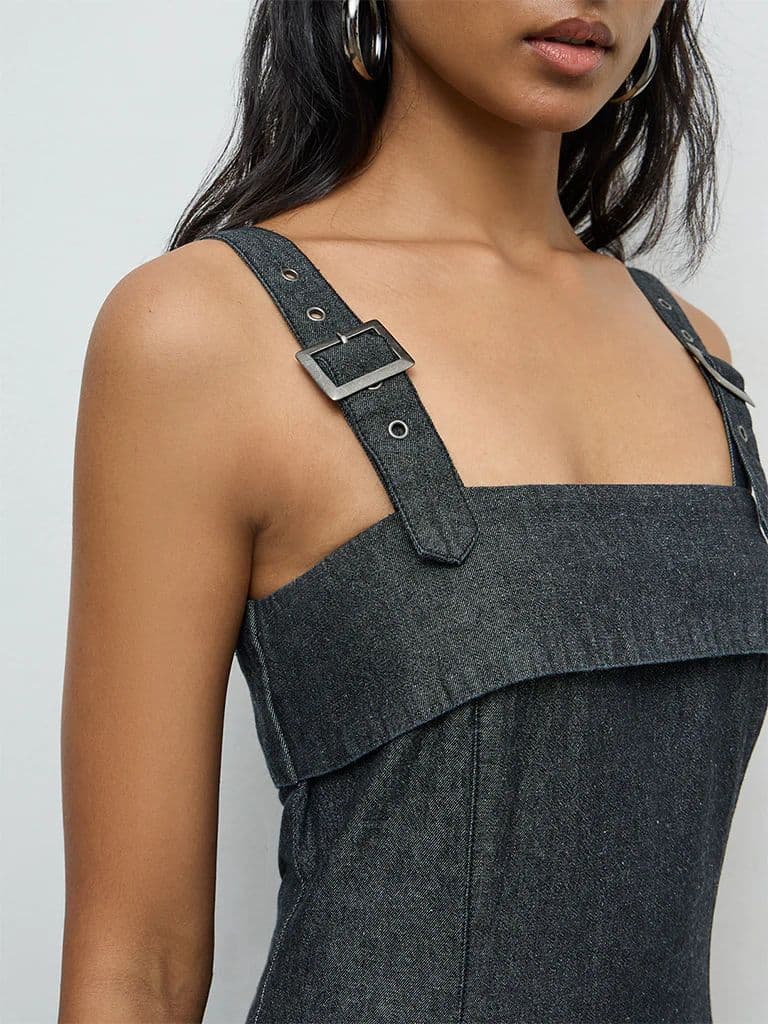 LOV Dark Grey Denim A-Line Dress — photo 3