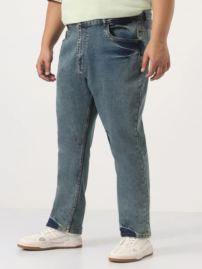 Plus Men's Light Blue Straight Fit Heavy Washed Jeans Stretchable — photo 2