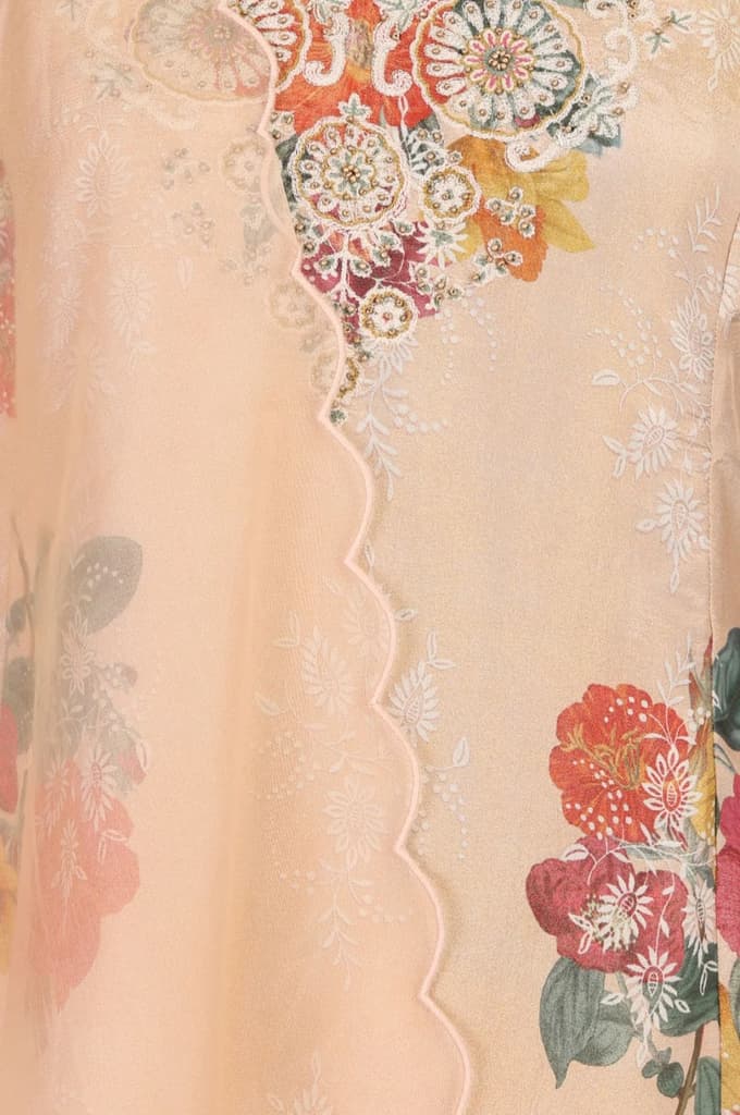 Peach Floral Printed Tissue Straight Kurta with Straight Pants and Dupatta Set — photo 2