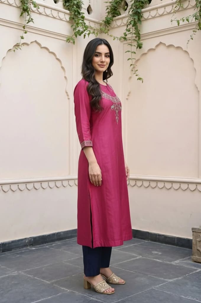 Magenta Mirror Embroidered Tussar Silk Straight Kurta — photo 5
