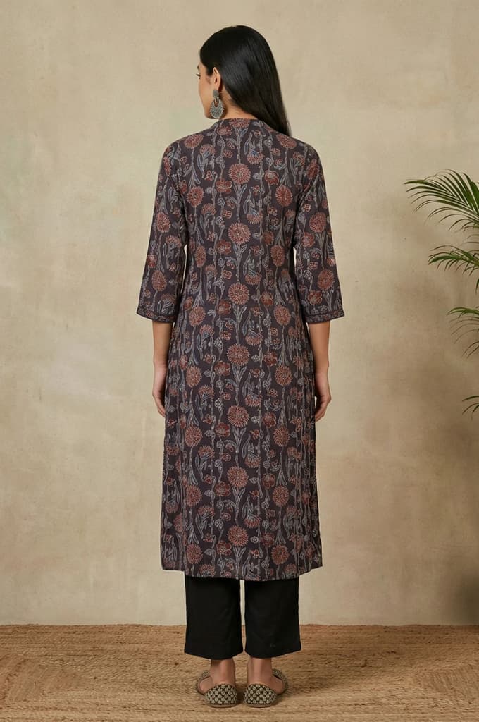Brown Block Printed Sequins Satin Straight Kurta — photo 5