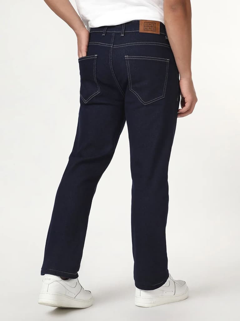 Men's Dark Blue Straight Fit Raw Washed Denim Jeans Stretchable — photo 4