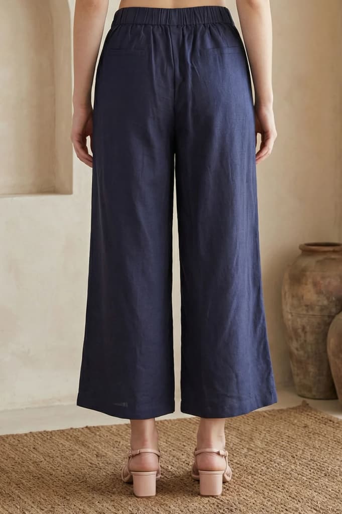 Navy Blue Solid Wide Leg Ankle Length Pants — photo 5
