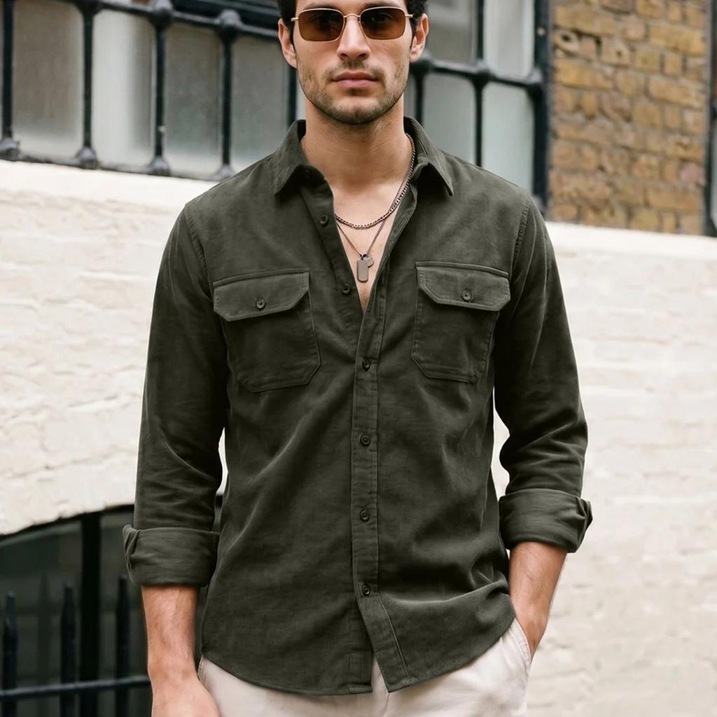 Men's Dark Olive Corduroy Full Sleeve Regular Fit Solid Overshirt with Utility Pockets