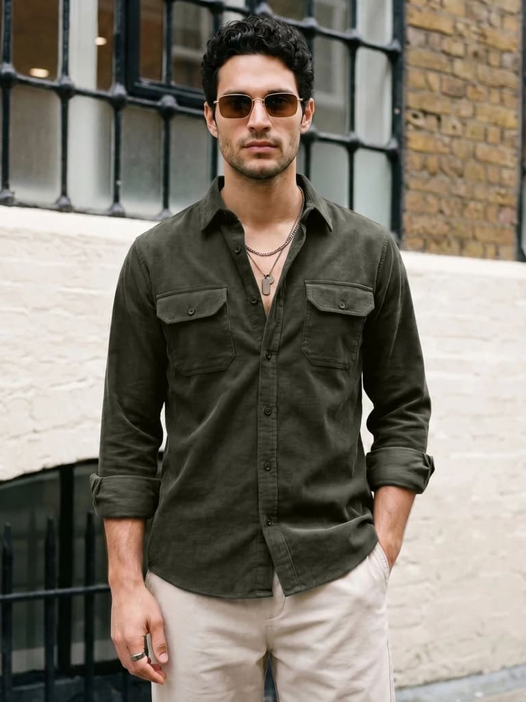Men's Dark Olive Corduroy Full Sleeve Regular Fit Solid Overshirt with Utility Pockets — S / Dark Olive