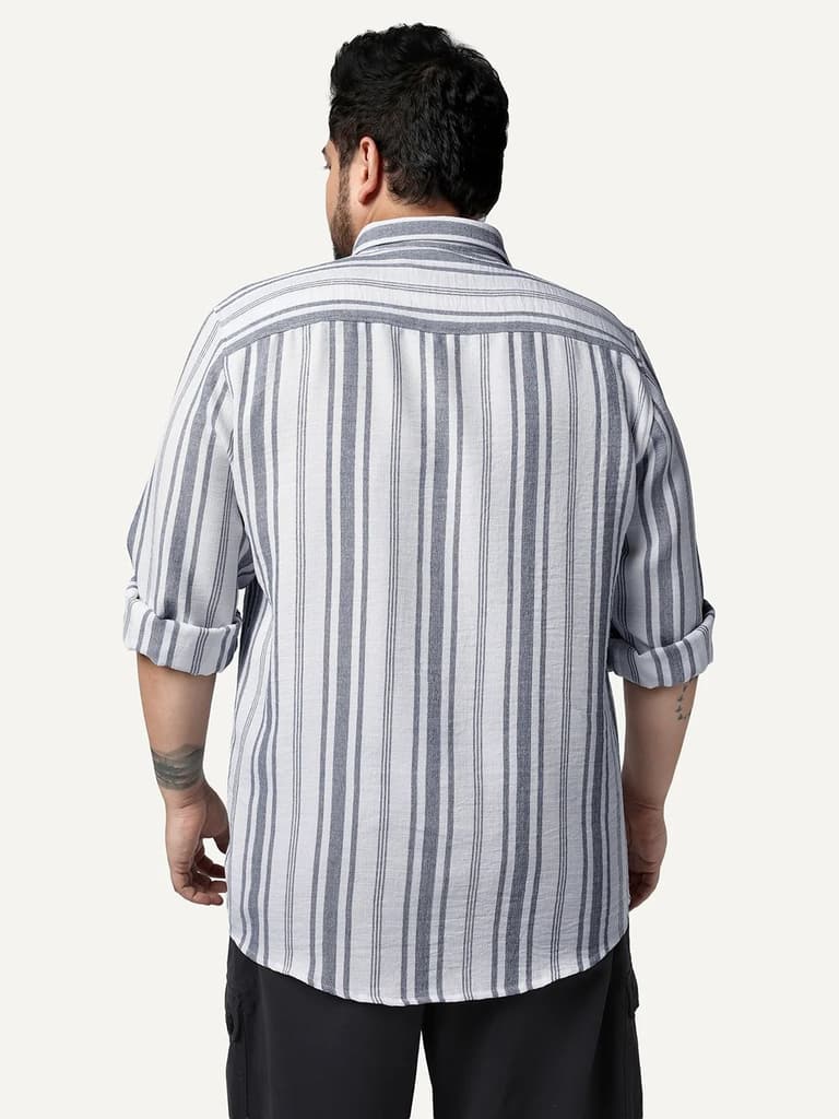 Plus Men's Navy Cotton Full Sleeve Relaxed Fit Linen Striped Shirt with Spread Collar — photo 3
