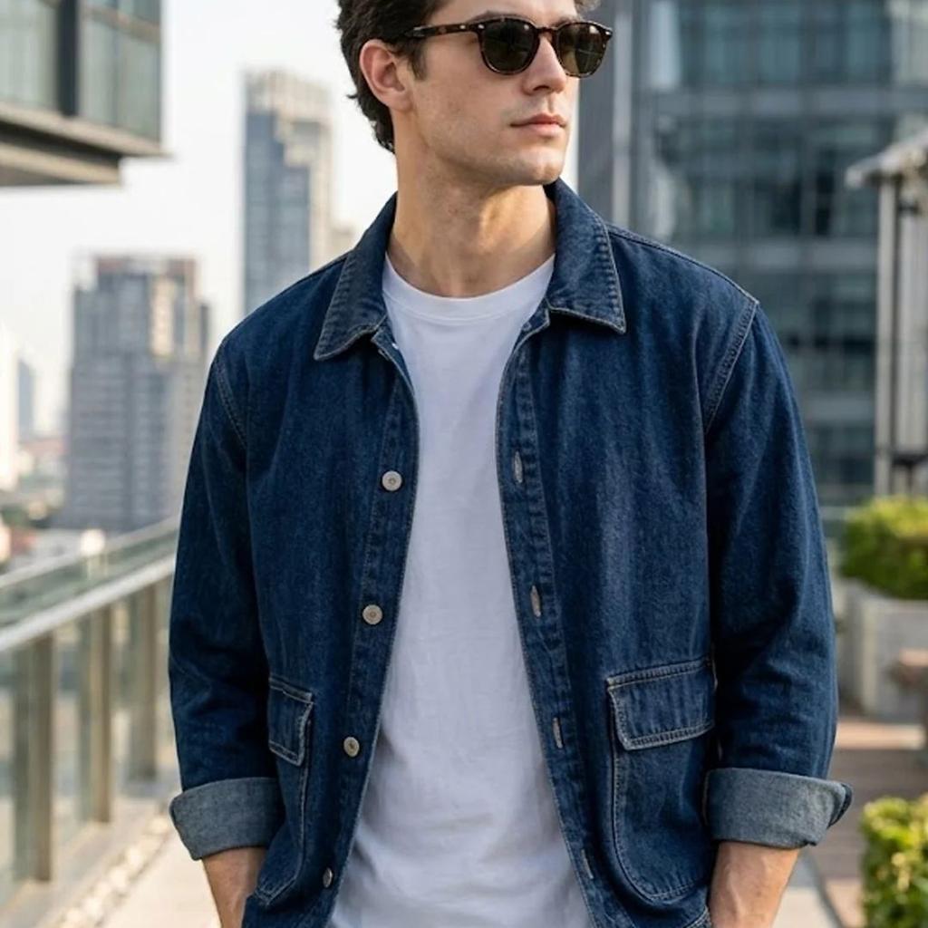 Men's Dark Blue Relaxed Fit Full Sleeve Utility Denim Jacket