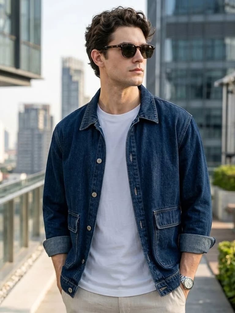 Men's Dark Blue Relaxed Fit Full Sleeve Utility Denim Jacket — S / Dark Blue
