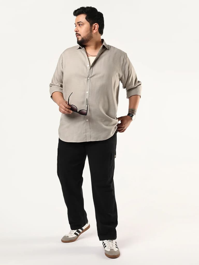 Plus Men's Grey Linen Blend Full Sleeve Relaxed Fit Casual Solid Shirt — photo 4
