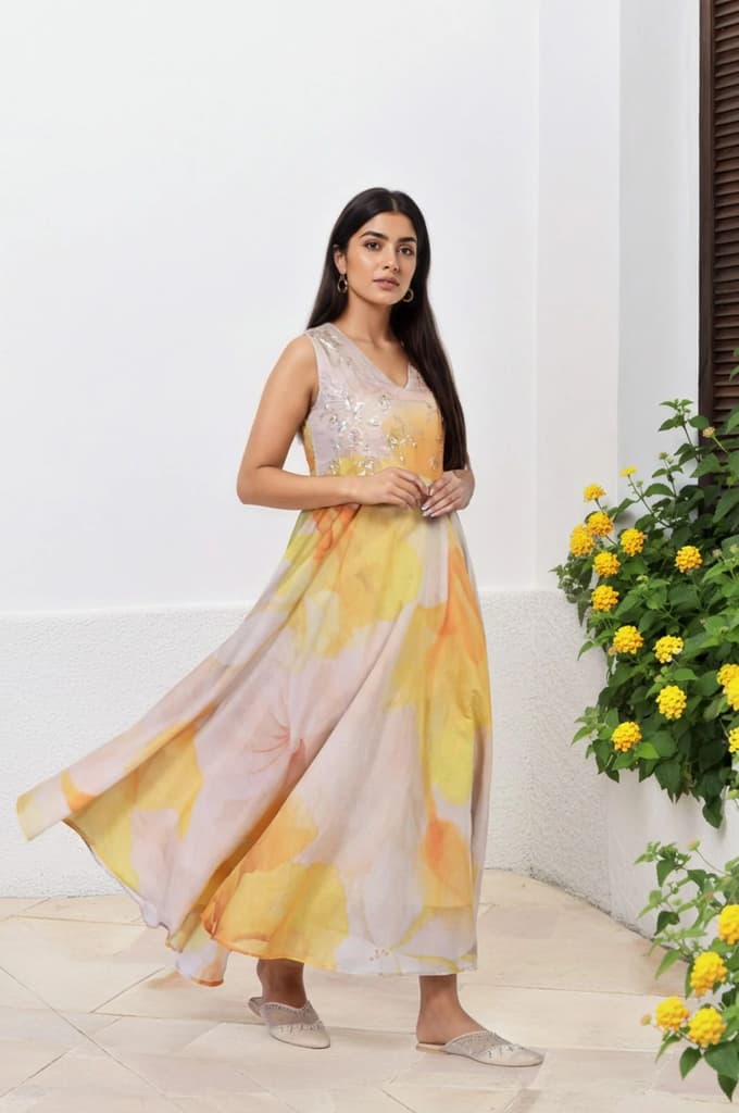 Beige Embroidered Organza Anarkali Kurta Set Dupatta Set — photo 5