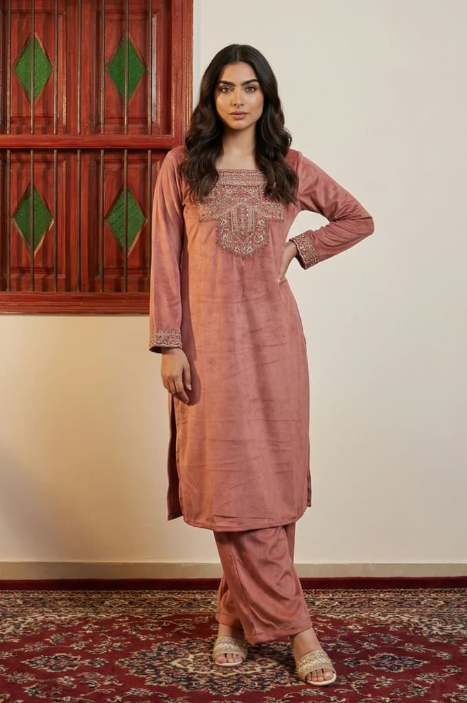 Pink Solid Embroidered Straight Kurta with Flared Pants and Dupatta Set — XS