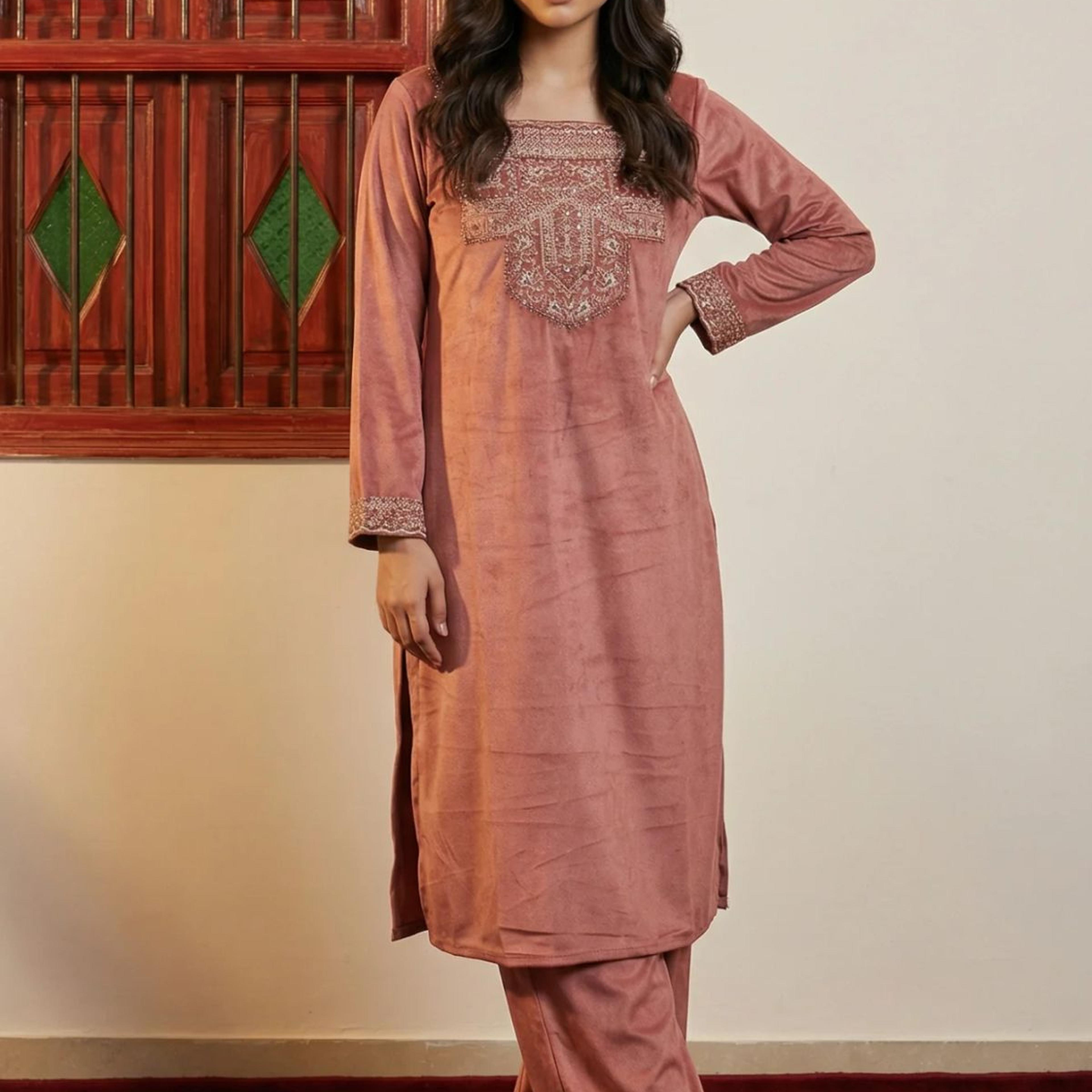 Pink Solid Embroidered Straight Kurta with Flared Pants and Dupatta Set