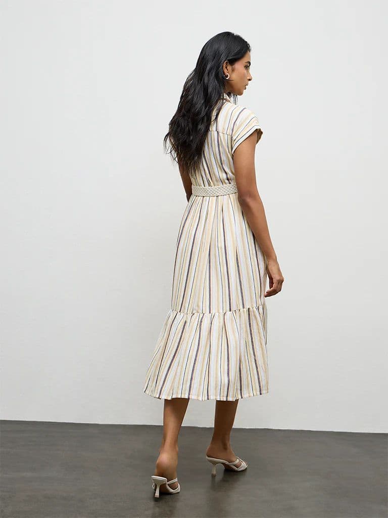 LOV Light Yellow Striped Linen-Blend A-Line Dress — photo 4