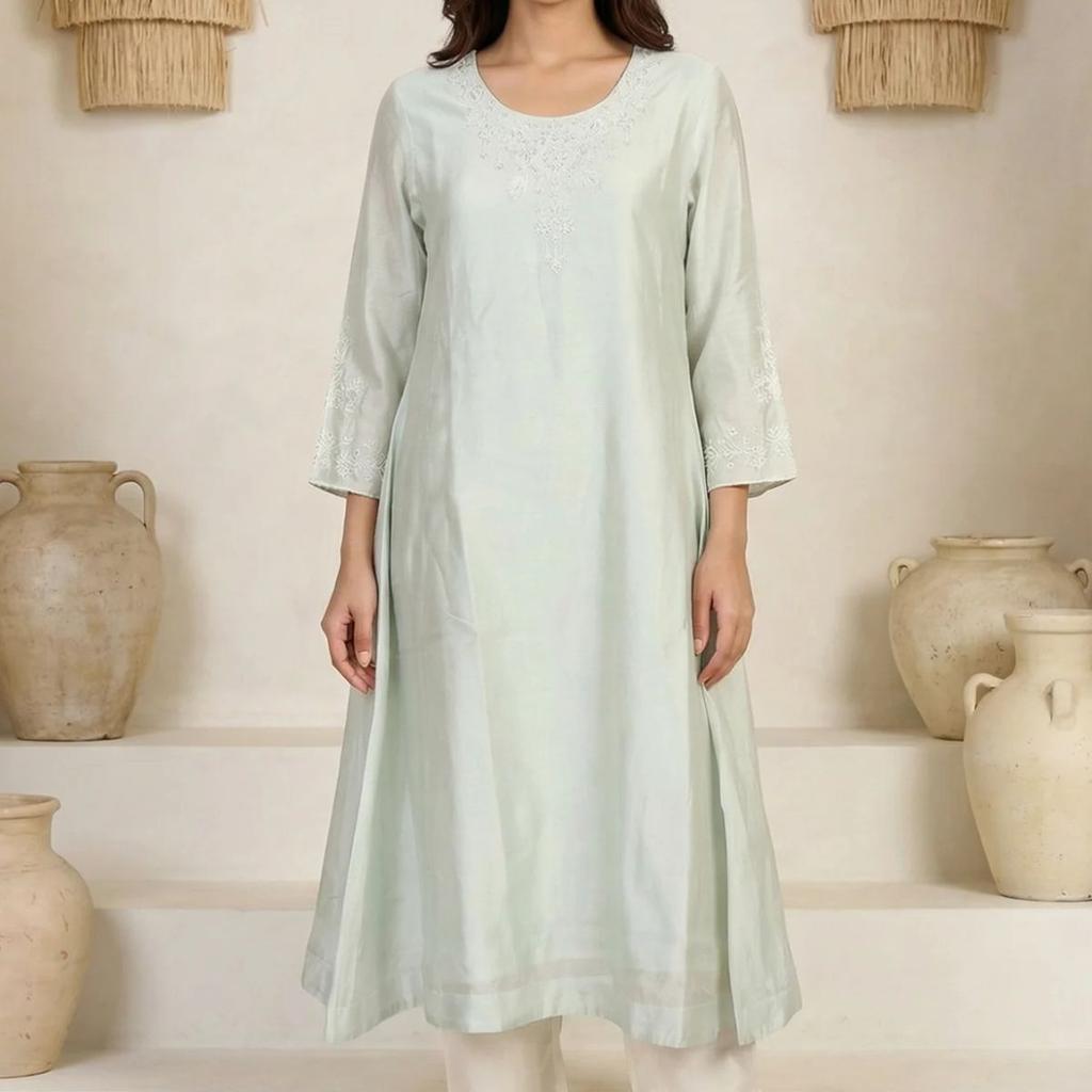 Sea Green Embroidered Pearl Work Cotton Blend A-line Kurta