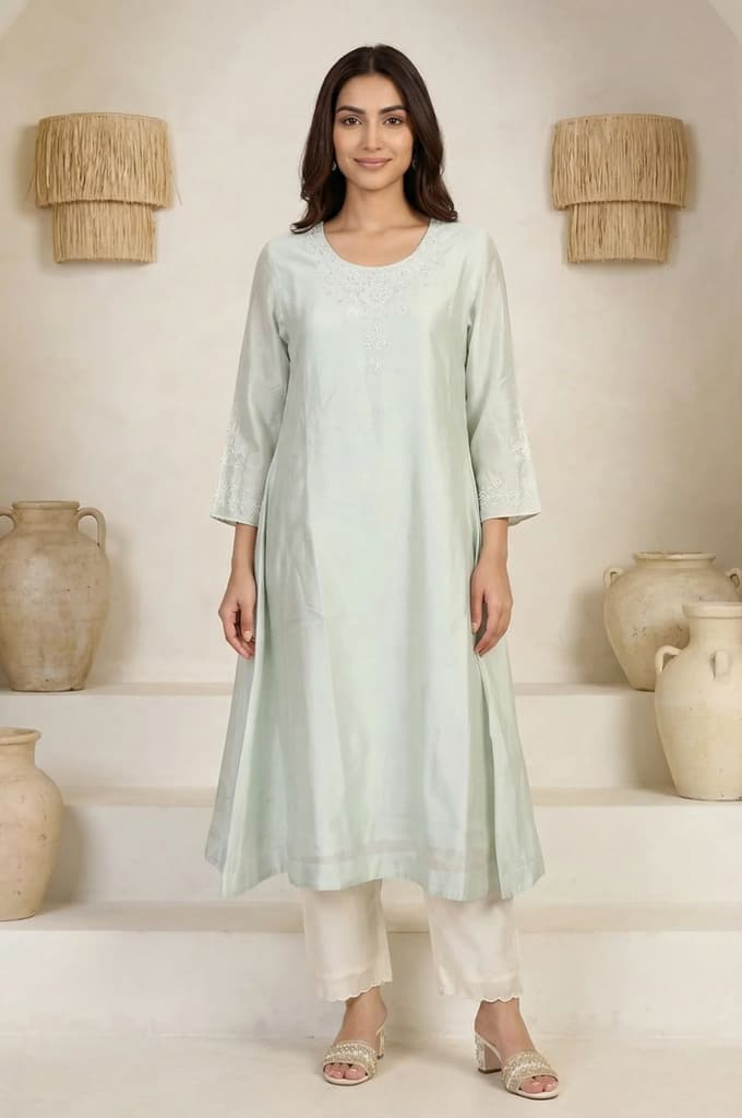 Sea Green Embroidered Pearl Work Cotton Blend A-line Kurta — XS