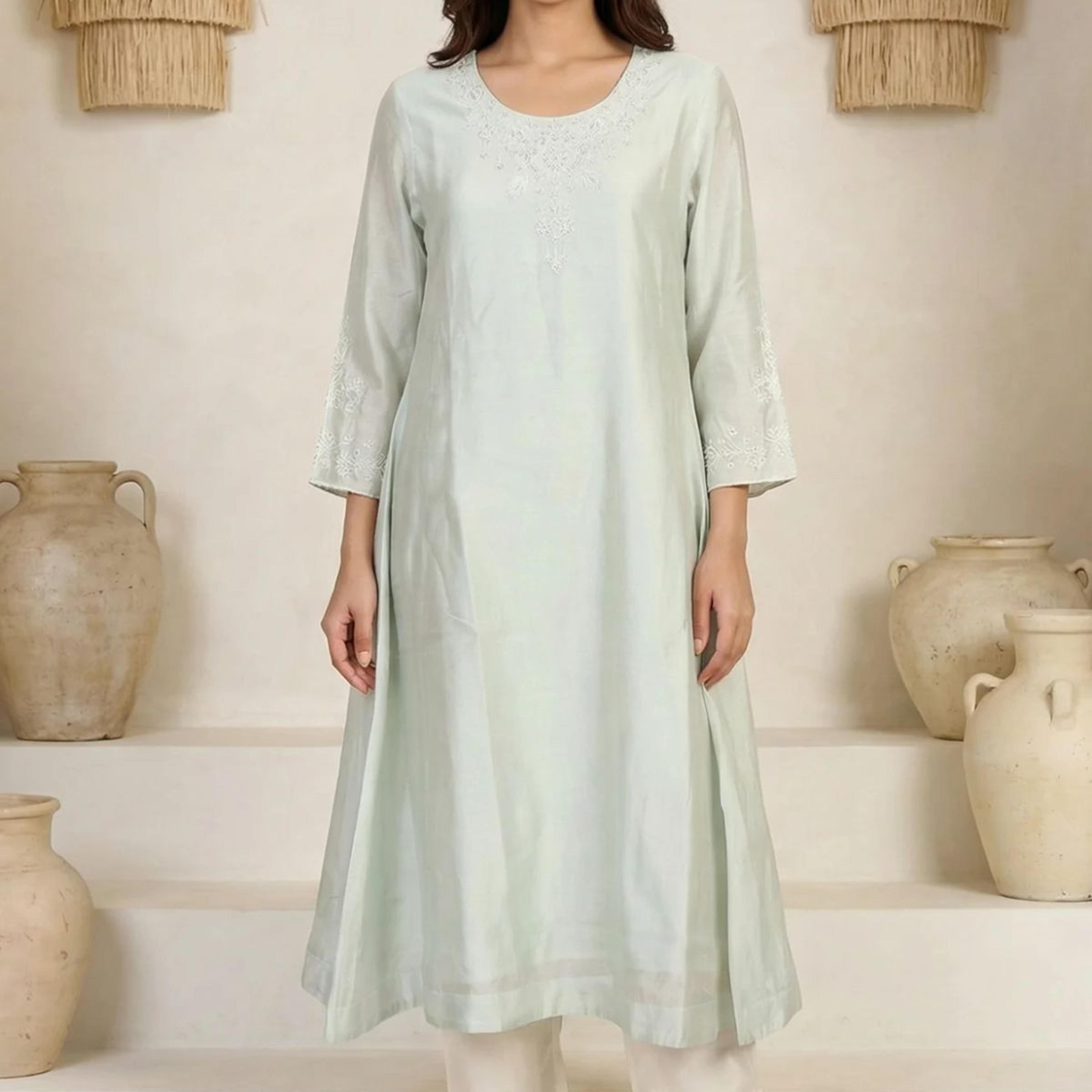 Sea Green Embroidered Pearl Work Cotton Blend A-line Kurta