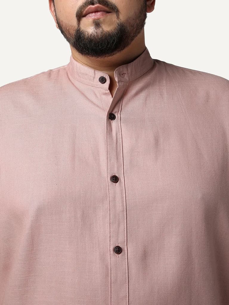 Plus Men's Dusty Pink Linen Blend Full Sleeve Relaxed Fit Mandarin Collar Casual Solid Shirt — photo 6