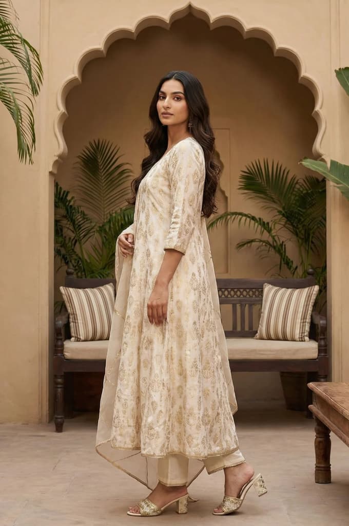 Off White Zari Work Jacquard Anarkali Kurta with Straight Pants and Dupatta Set — photo 2