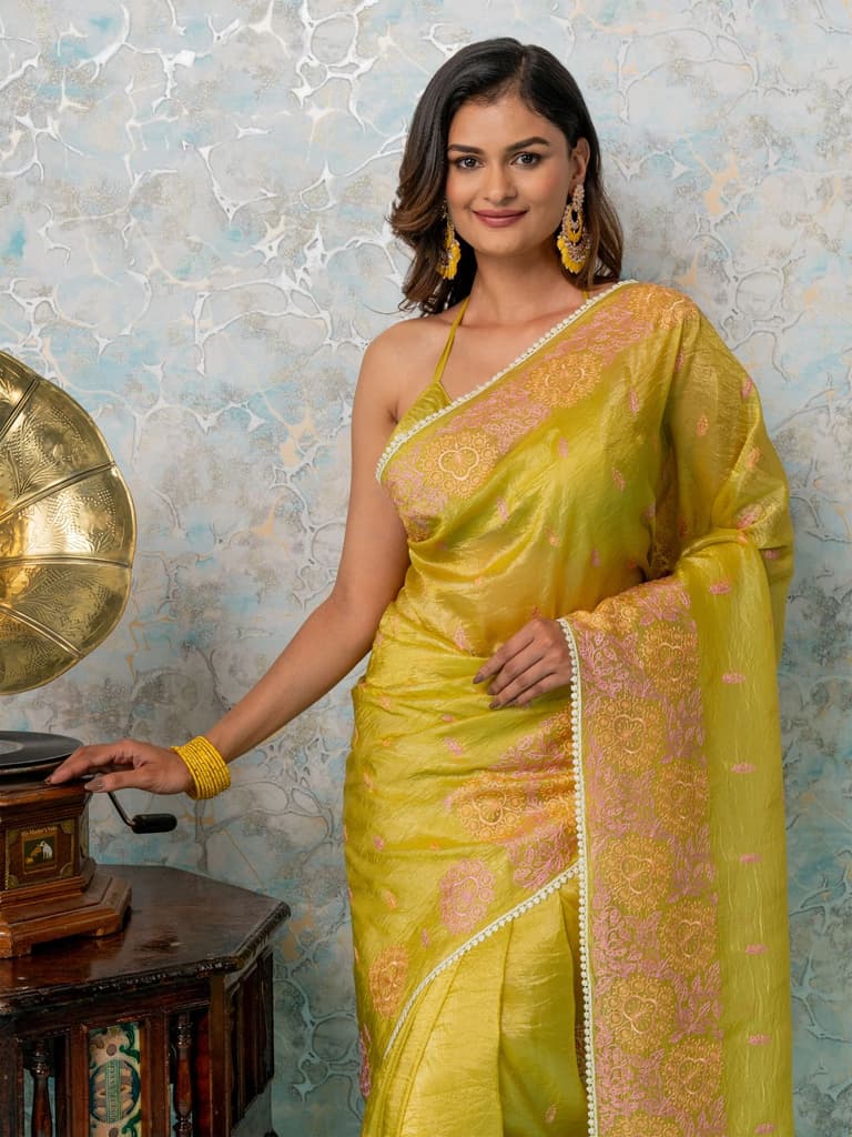 Mimosa Women's Woven Design Banarasi Style Tissue Crush Saree With Blouse Piece : SA00002010GDFREE — Gold