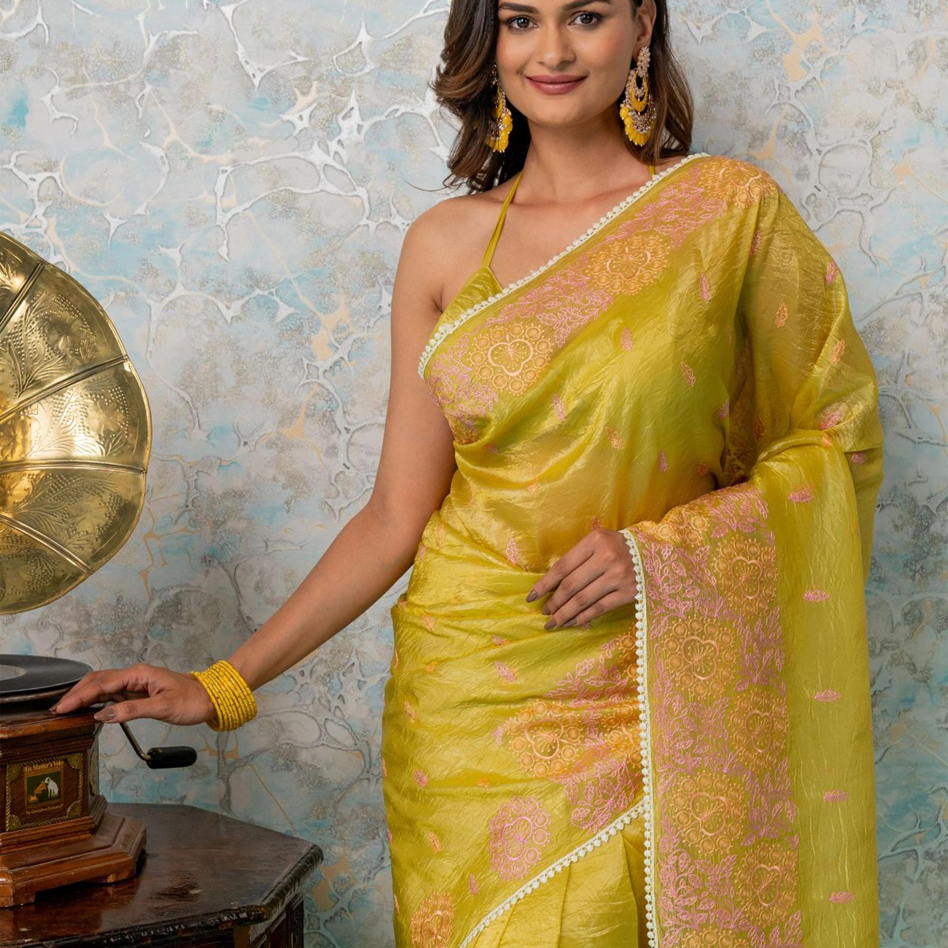 Mimosa Women's Woven Design Banarasi Style Tissue Crush Saree With Blouse Piece : SA00002010GDFREE