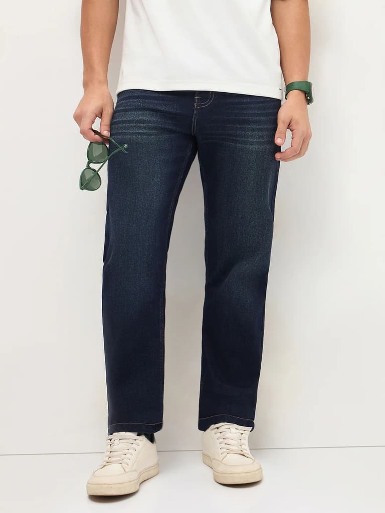 Men's Dark Blue Regular Fit Whisker Wash Yellow Tint Denim Jeans Stretchable — photo 2