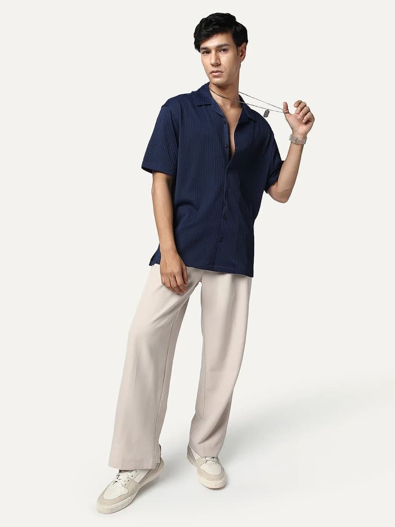 Men's Navy Cotton Half Sleeve Oversized Fit Textured Shirt with Cuban Collar — photo 4