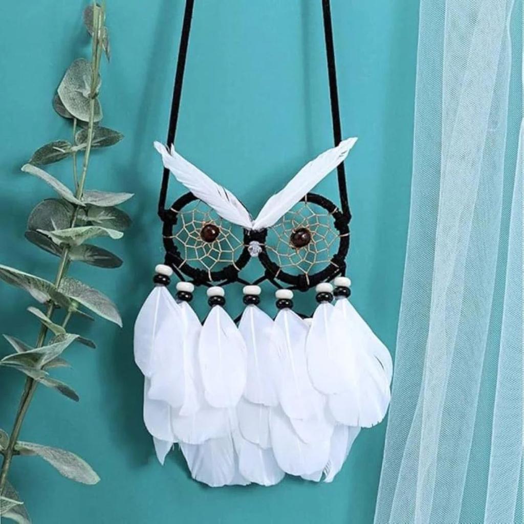 Monochrome Owl Dreamcatcher – Handmade Boho Wall Hanging with Feathers