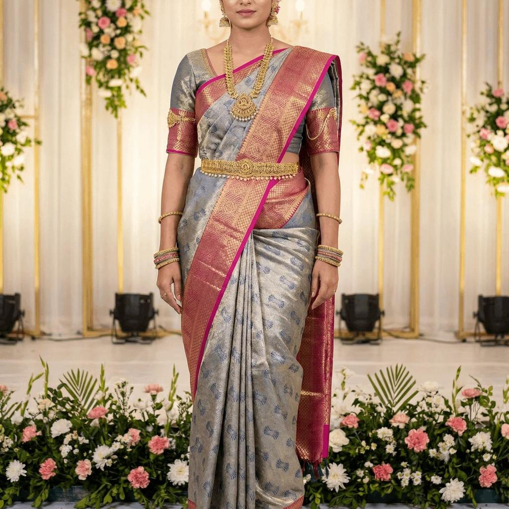 MIMOSA Women's Woven Design Kanjivaram Style Art Silk Saree with Blouse Piece - Navy Blue (SA00002804NVFREE)