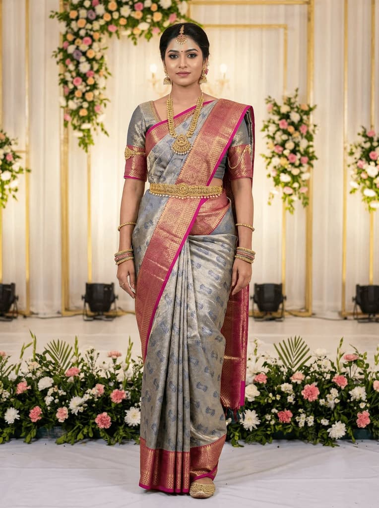 MIMOSA Women's Woven Design Kanjivaram Style Art Silk Saree with Blouse Piece - Navy Blue (SA00002804NVFREE) — Default Title