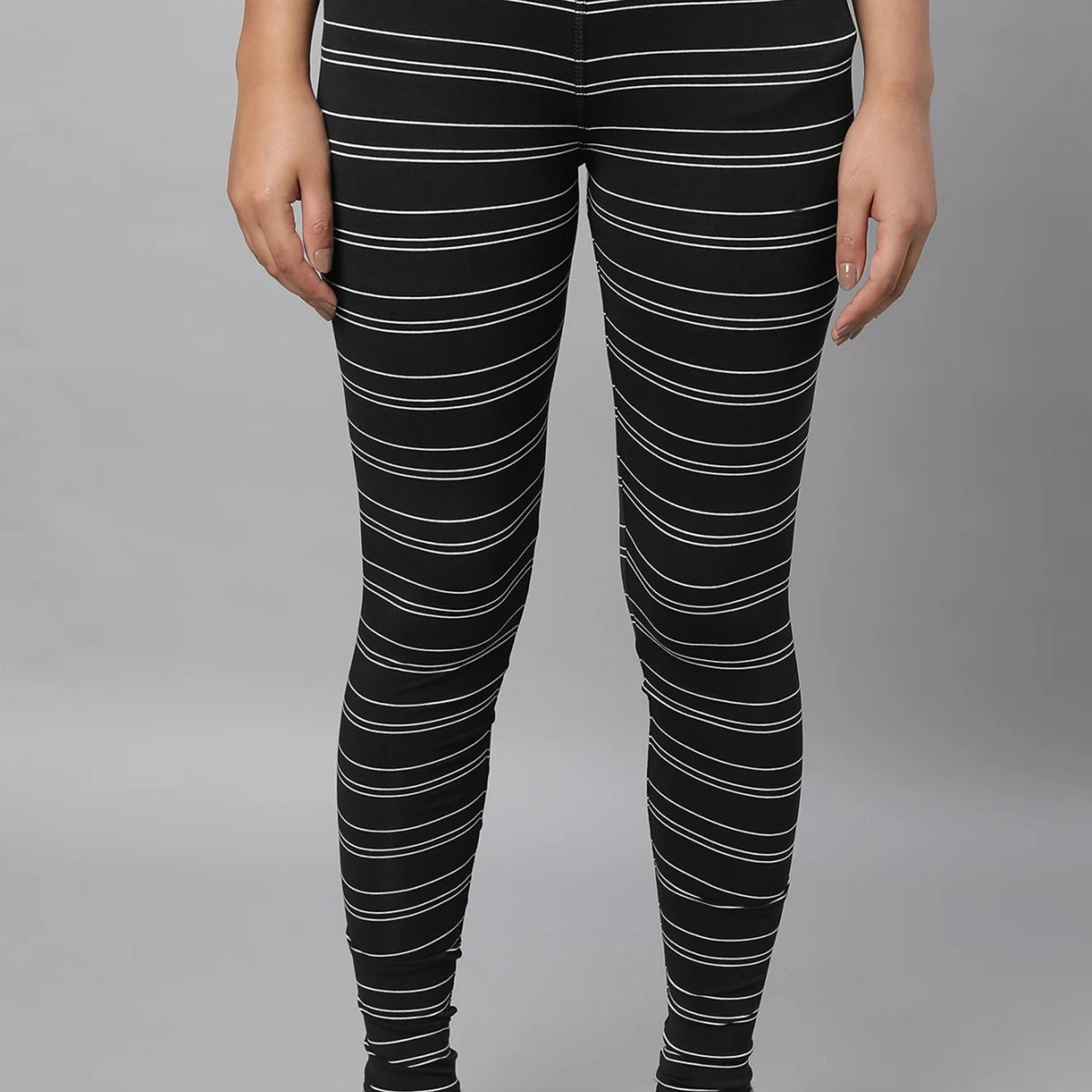 Black Striped Skinny Fit Cotton Tights With High Waistband