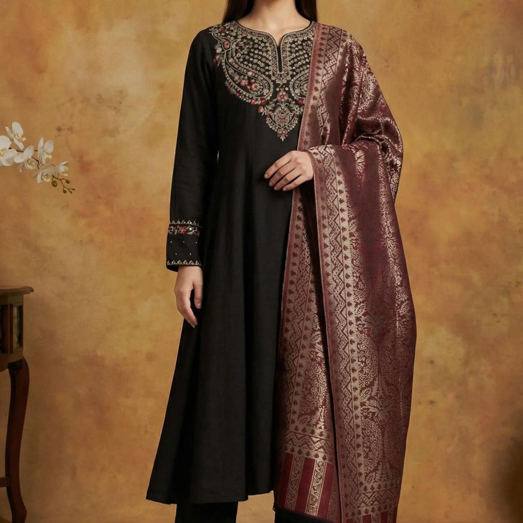 Black Solid Rayon Blend Straight Kurta with Straight Pant and Shawl Set