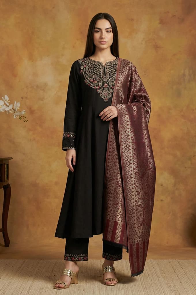 Black Solid Rayon Blend Straight Kurta with Straight Pant and Shawl Set — XS