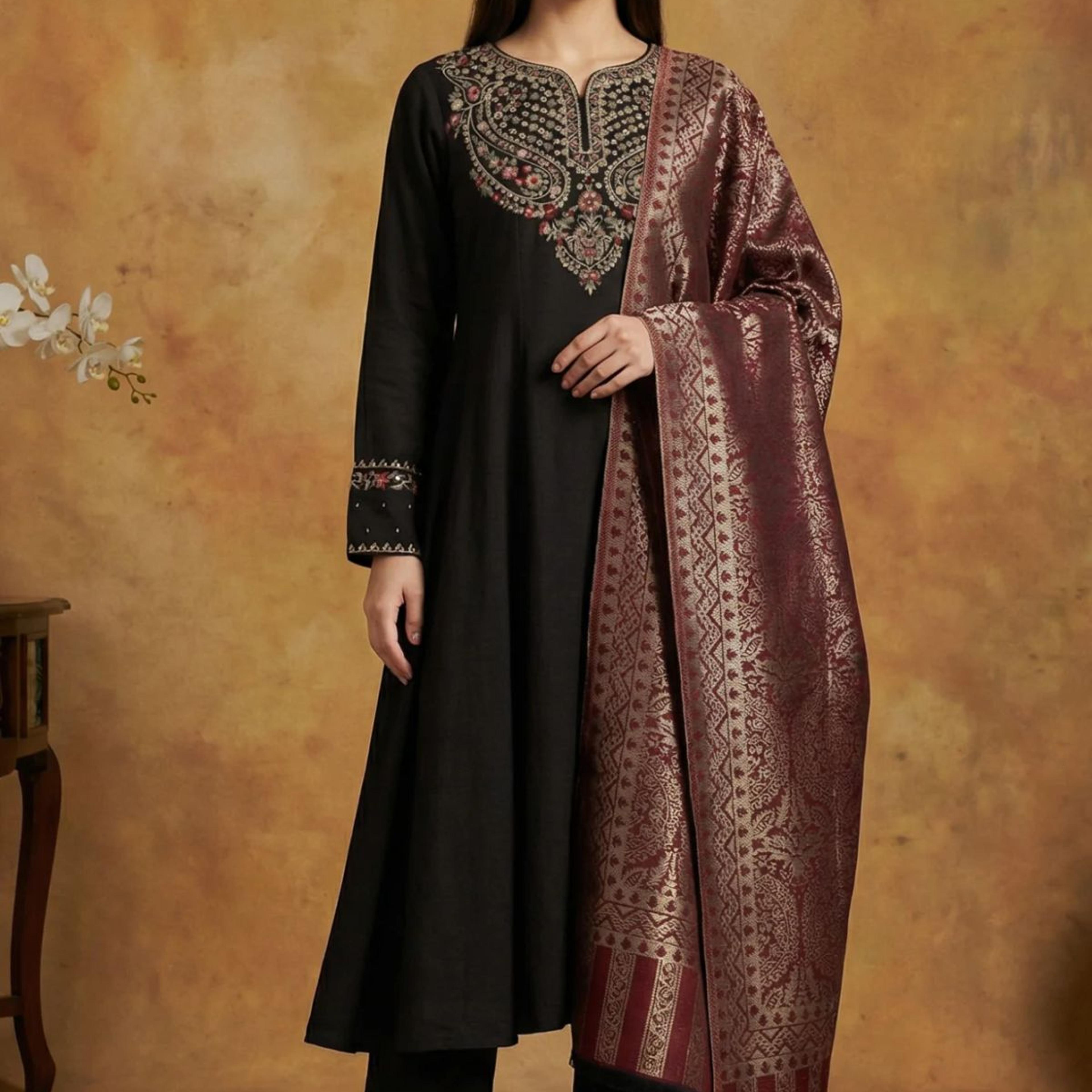 Black Solid Rayon Blend Straight Kurta with Straight Pant and Shawl Set