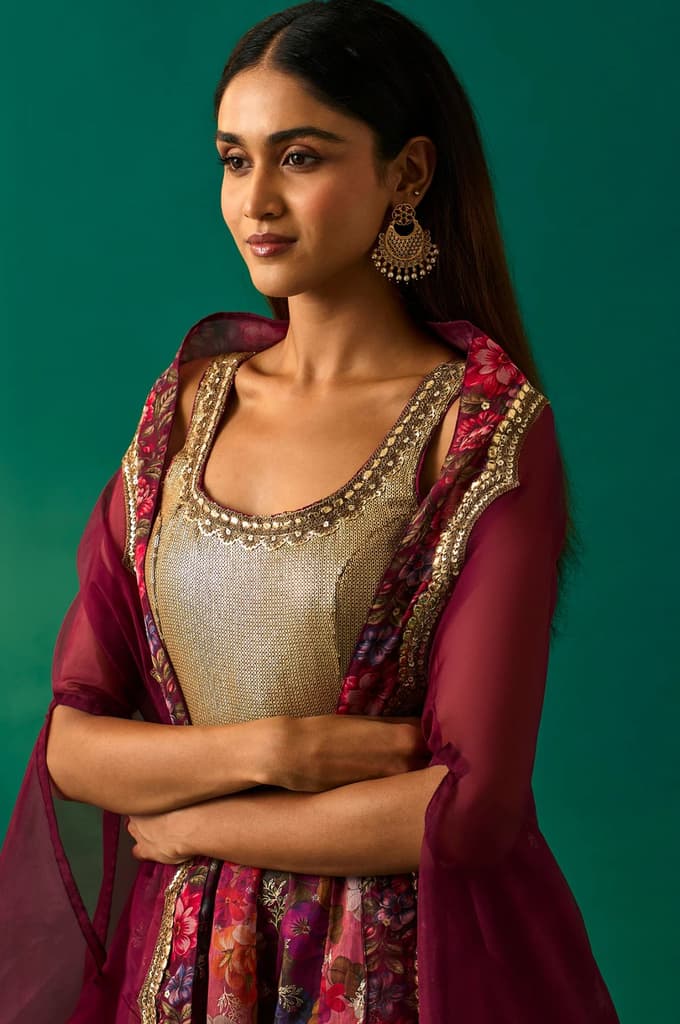 Maroon Floral Printed Embellished Anarkali Crepe Dress with Churidar and Cape Set — photo 2