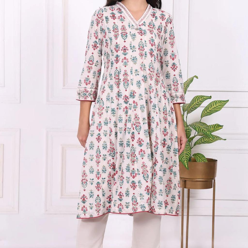 Off-White Floral Printed Thread Embroidered Pure Cotton Flared A-line Kurta
