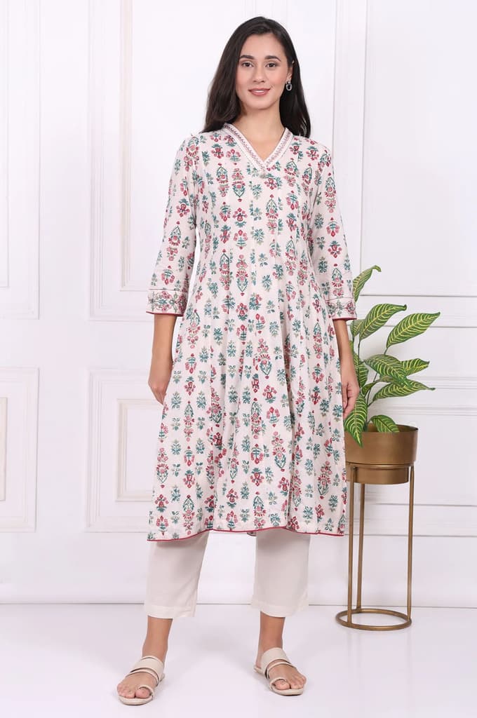 Off-White Floral Printed Thread Embroidered Pure Cotton Flared A-line Kurta — XS