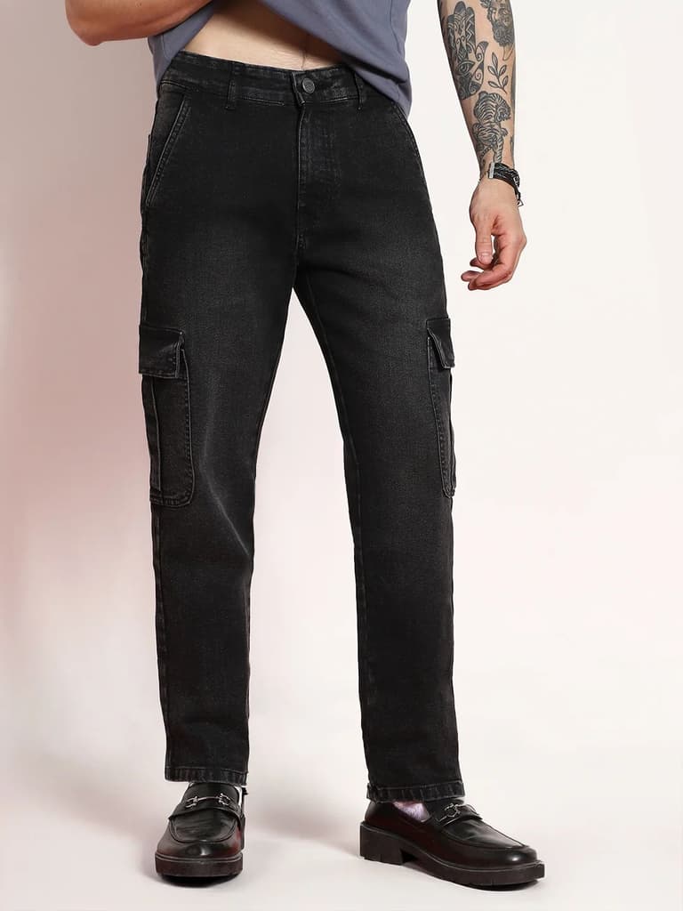 Men's Black Regular Fit Washed Cargo Jeans With 6 Pockets Stretchable — photo 2