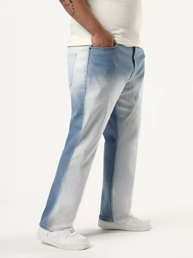 Plus Men's Ice Blue Straight Fit Heavy Washed Faded Denim Jeans Stretchable — photo 2